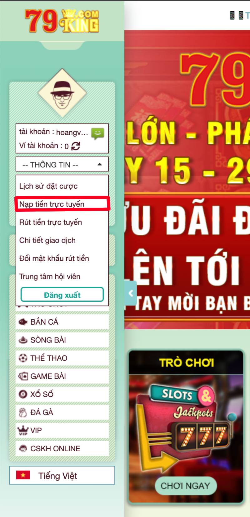 Chọn Mục “Nạp Tiền”